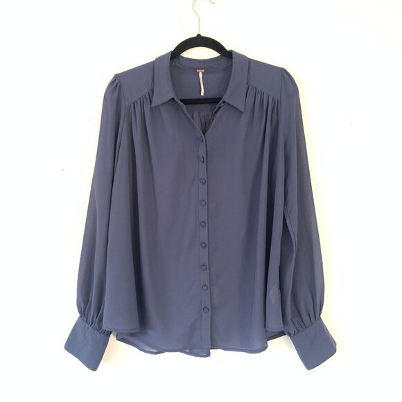 Free People Long Sleeve Button-Up Sheer Blouse Size M Blue Western - Picture 7 of 7